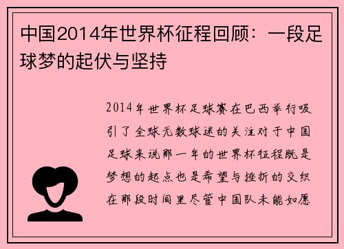 中国2014年世界杯征程回顾：一段足球梦的起伏与坚持